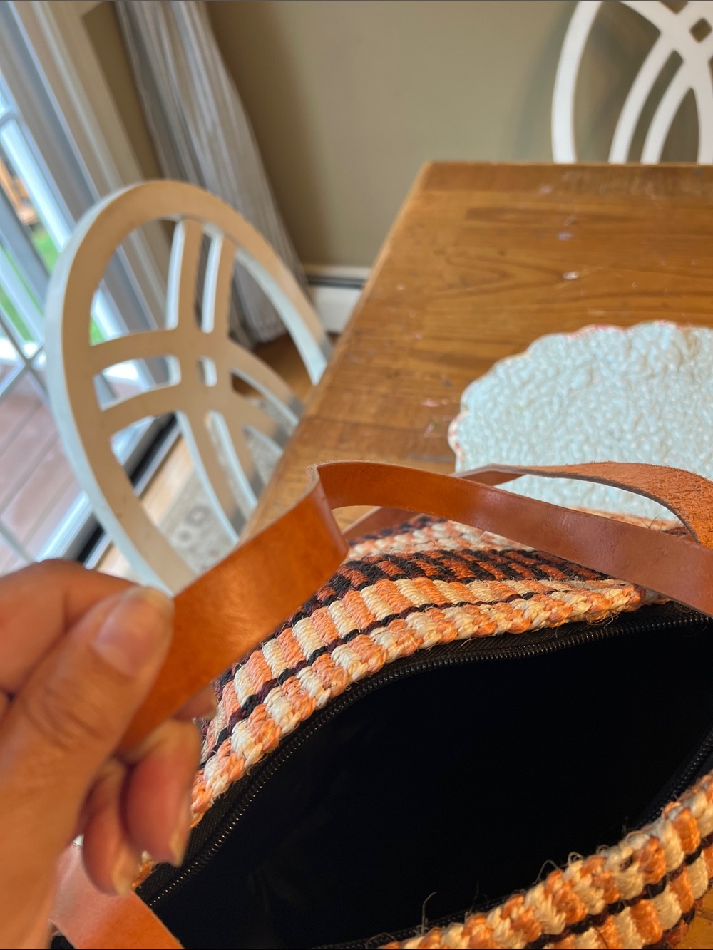 Woven Striped Tote Bag with Leather Straps - Peach & Cream and Black - Picture 4 of 5